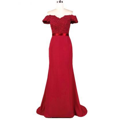 Burgundy Off-the-shoulder Mermaid Long Prom Dress,..