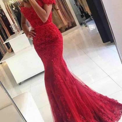 Red Mermaid Prom Dresses Lace Applique Evening..