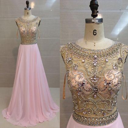 Elegant Pink Prom Dresses Long Beaded Chiffon..