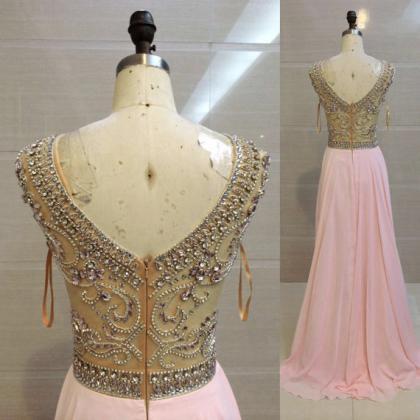 Elegant Pink Prom Dresses Long Beaded Chiffon..