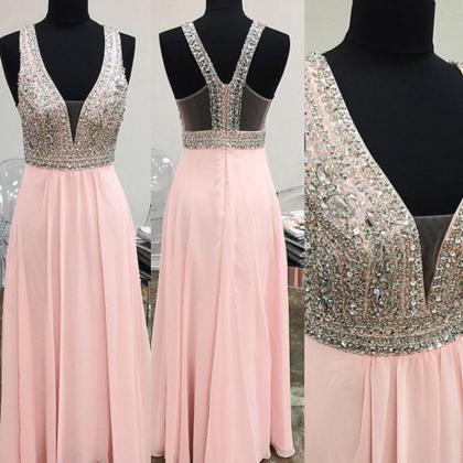 Sexy Long Pink Prom Dresses With Deep V Neck And..