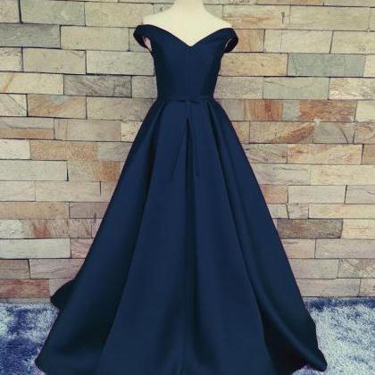 Brilliant Satin Navy Blue A Line Prom Gowns, Navy..