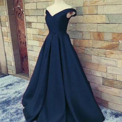 Brilliant Satin Navy Blue A Line Prom Gowns, Navy..