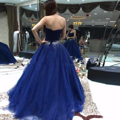 Charming Navy Blue Floor Length Tulle Prom Dresses..
