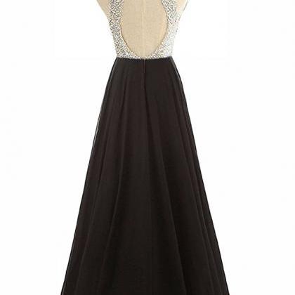 Long Beaded Rhinestone Black Prom Dresses..