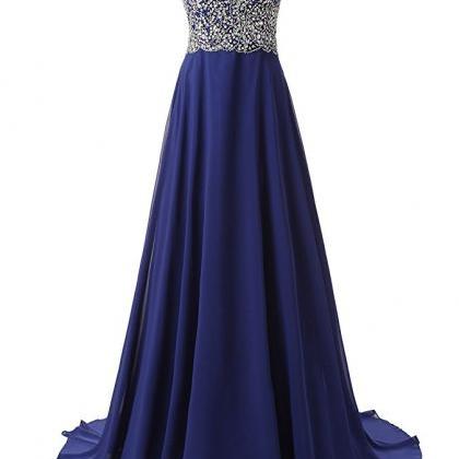 Long Beaded Royal Blue Prom Dresses Featuring..