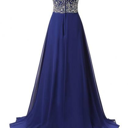 Long Beaded Royal Blue Prom Dresses Featuring..