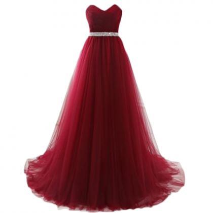 Elegant Long Burgundy Tulle Prom Dresses Featuring..