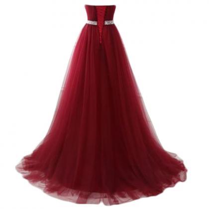 Elegant Long Burgundy Tulle Prom Dresses Featuring..