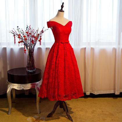 2018 Tea Length Lace Red A Line Formal Dresses..