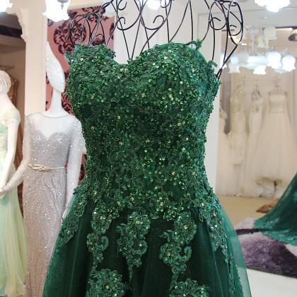 Elegant Hunter Green Lace Applique Prom Dresses..