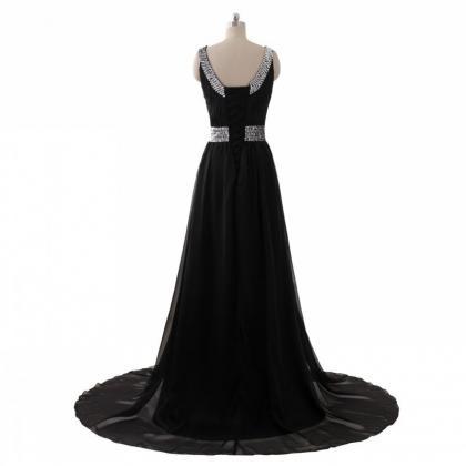 Sexy Beaded Black Prom Dresses Floor Length Scoop..