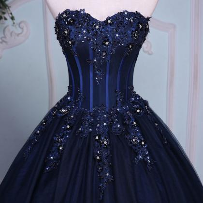 Navy Blue Floor Length Lace Applique Tulle Prom..