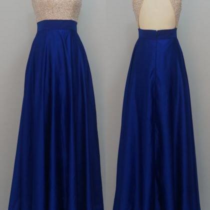 Royal Blue Long Beaded Satin Prom Dresses..