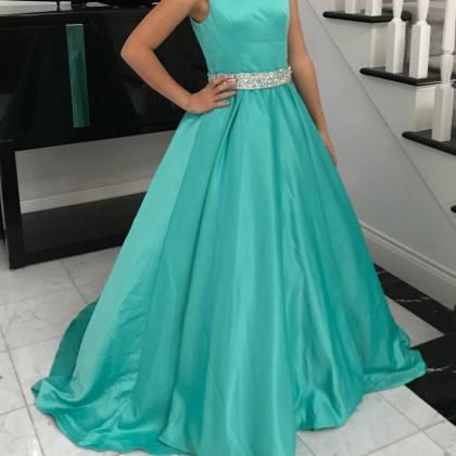 Turquoise Floor Length Beaded Satin Prom Dresses..
