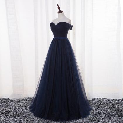 Charm Navy Blue Tulle Prom Dresses With Off The..