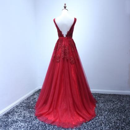 Long Red Tulle Lace Applique Prom D..