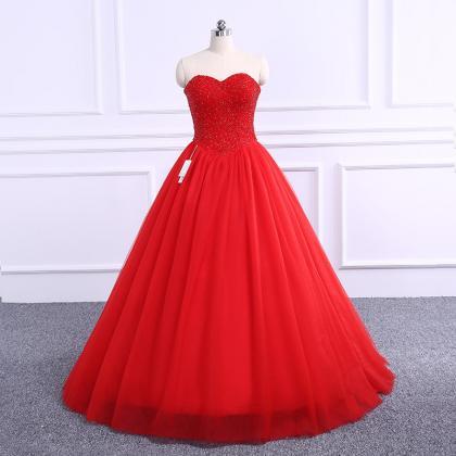 Sparkly Tulle Red Beaded Ball Gown Prom Gowns, Red..