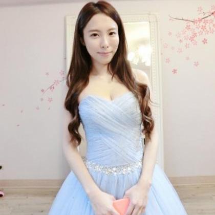 Light Blue Tulle Beaded Ball Gown Prom Gowns,..