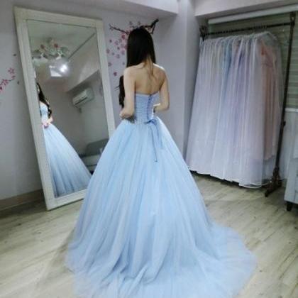 Light Blue Tulle Beaded Ball Gown Prom Gowns,..