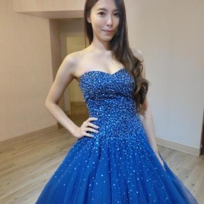 Long Royal Blue Tulle Beaded Ball Gown Prom Gowns,..