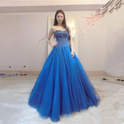 Long Royal Blue Tulle Beaded Ball Gown Prom Gowns,..