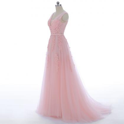 Long Women V Neck Prom Dresses A Line Pink Tulle..