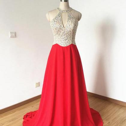 Long Red Chiffon Prom Dresses Featuring Halter..
