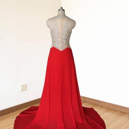 Long Red Chiffon Prom Dresses Featuring Halter..