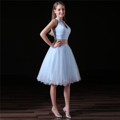 Two Piece Light Blue Homecoming Dresses With Satin..