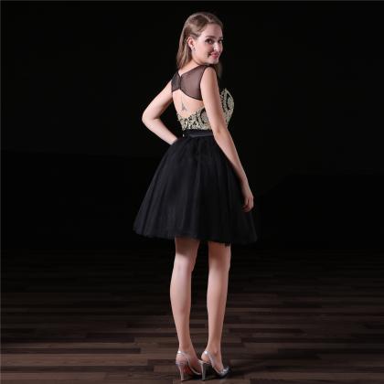 Elegant Lace Applique Black Homecoming Dresses..