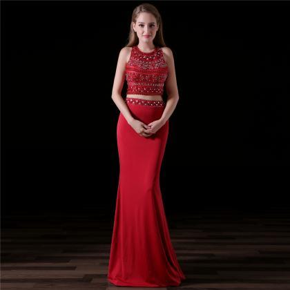 Red Floor Length Beaded Two Piece Prom Dresses..
