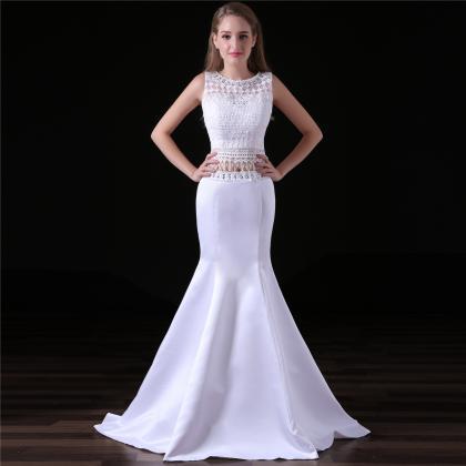 Charming Long Two Piece Prom Dresses Featuring Lace Top And Satin Skirt, Long Elegant Mermaid Evening Formal Gowns 