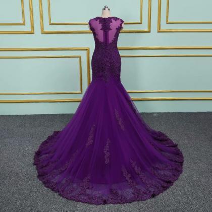 Purple Mermaid Long Prom Dresses 2019 Tulle Beaded..