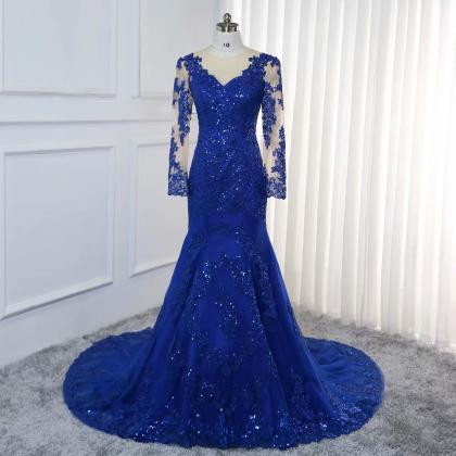 Sexy Royal Blue Long Sleeve Prom Dresses 2019..