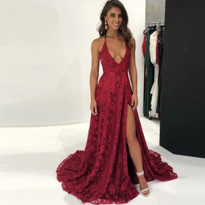 Burgundy Lace Prom Dresses 2019 Deep V Neck Sexy..