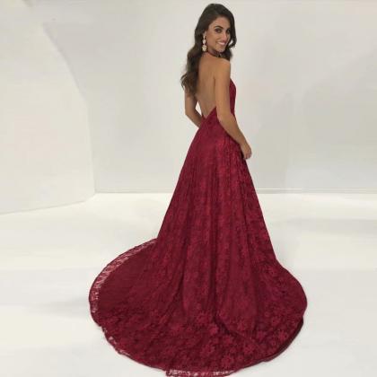 Burgundy Lace Prom Dresses 2019 Deep V Neck Sexy..