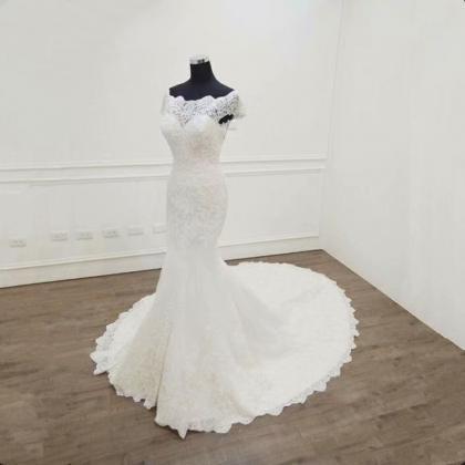 2019 Mermaid Wedding Dresses Boat Neck White Ivory..