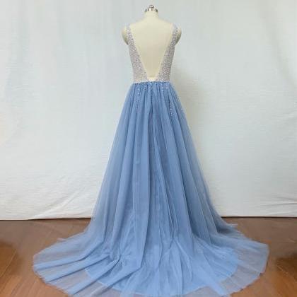 2019 Fashion Light Blue Beading Evening Dresses A..