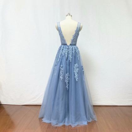 2019 Prom Dress Light Blue Lace Applique Formal..