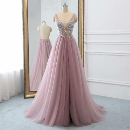 Floor Length Pink Tulle Prom Dress Beaded V Neck..