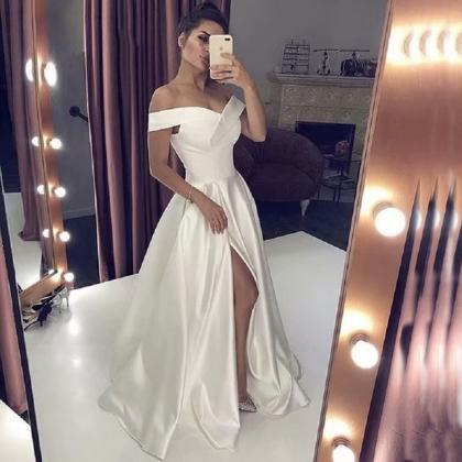 White Ivory Satin Prom Dress Off The Shoulder Long..