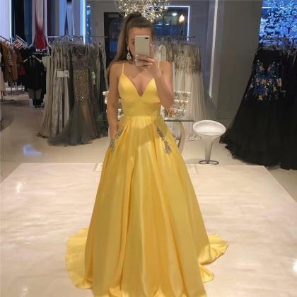 Yellow Women Dresses Prom Dress With Pockets..