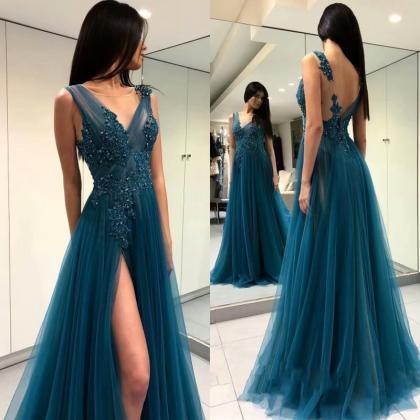 Long Evening Gowns Lace Applique Teal Green Prom..