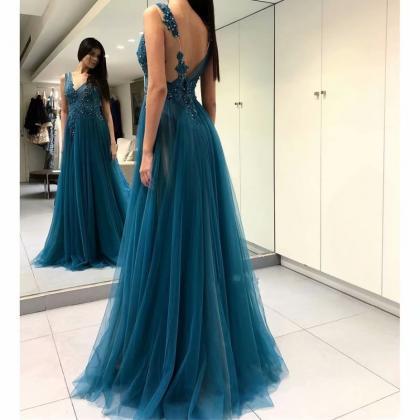 Long Evening Gowns Lace Applique Teal Green Prom..