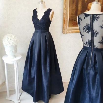 2019 Floor Length Navy Blue Satin Formal Dresses..