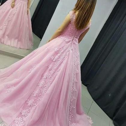Long Pink Bridesmaid Dress Lace App..
