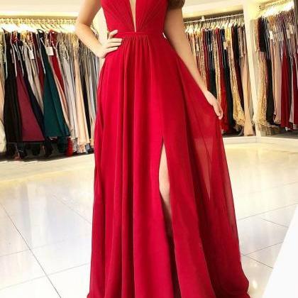 Floor Length Red Prom Gowns Chiffon Formal Dresses..