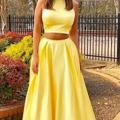Floor Length Yellow Satin Formal Dresses Featuring..