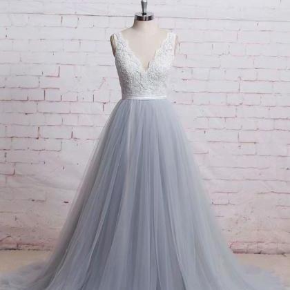 Long Grey Formal Dresses Featuring Lace Bodice..